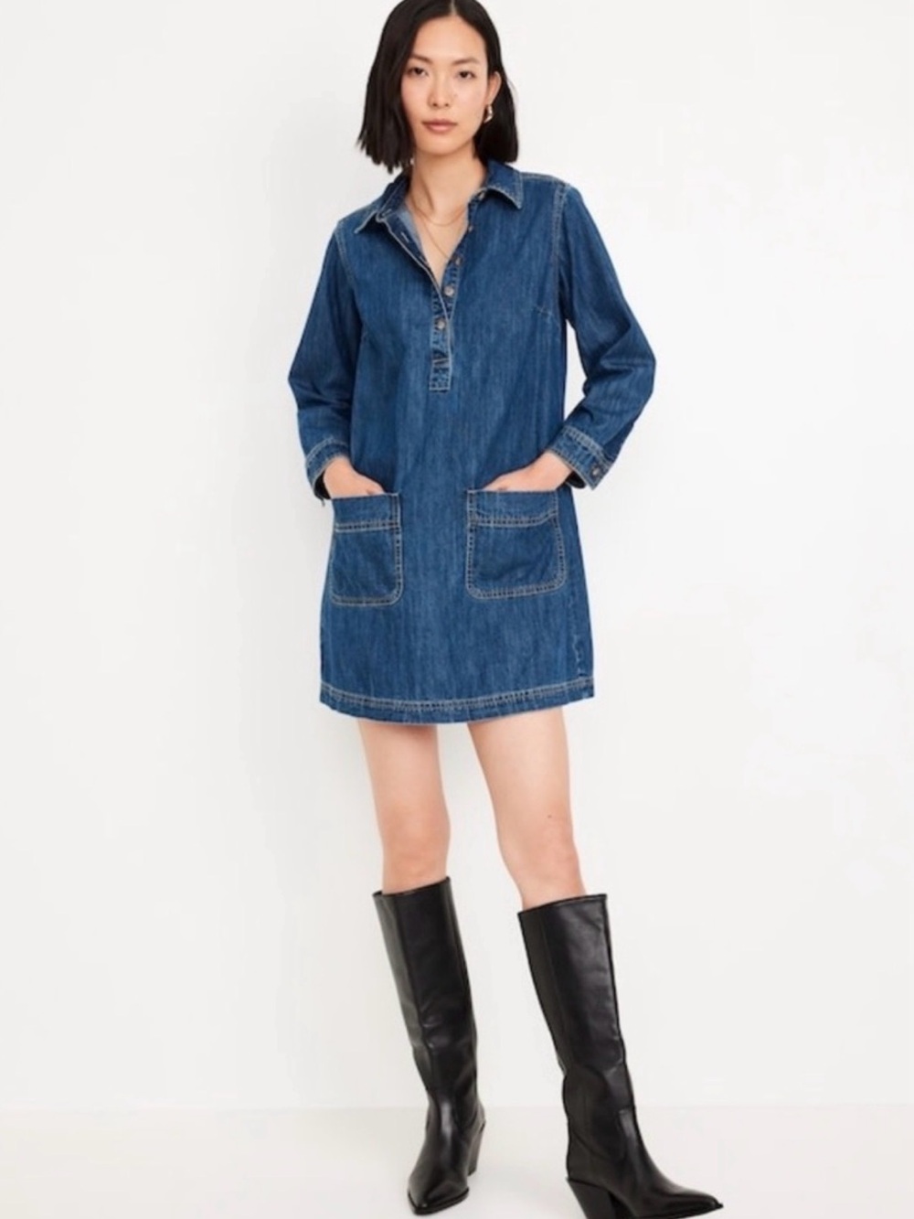 Old Navy Denim Jean Shirt Dress Front Patch Pockets Blue Button Plus 4X New Chic